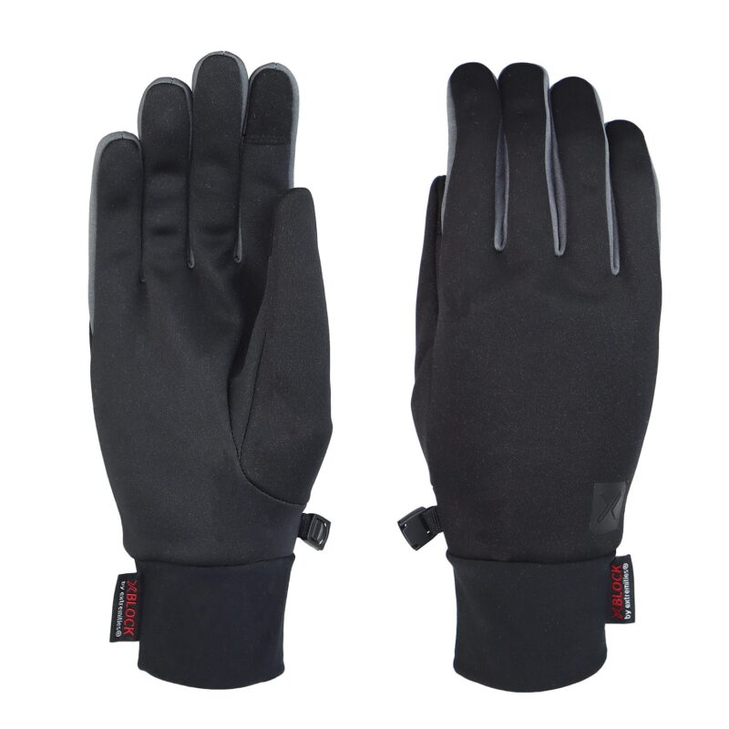 Station-glove-4.jpg Pair of slim black gloves laid flat, one showing the palm and the other the back, with grey piping along the finger edges, short elasticated cuffs, a small plastic clip to join them and a red brand tag at each wrist