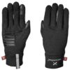 Sticky-Primaloft-Front-Back-300dpi-1.jpg Pair of black insulated gloves displayed palm-side up (left) and back-side up (right), left glove featuring horizontal silicone grip strips and a touchscreen-capable thumb and index fingertip, right glove showing a plain back, reflective cuff tab and a small insulation brand tag.