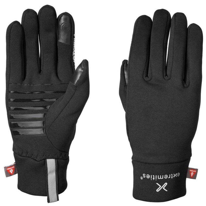 Sticky-Primaloft-Front-Back-300dpi-1.jpg Pair of black insulated gloves displayed palm-side up (left) and back-side up (right), left glove featuring horizontal silicone grip strips and a touchscreen-capable thumb and index fingertip, right glove showing a plain back, reflective cuff tab and a small insulation brand tag.