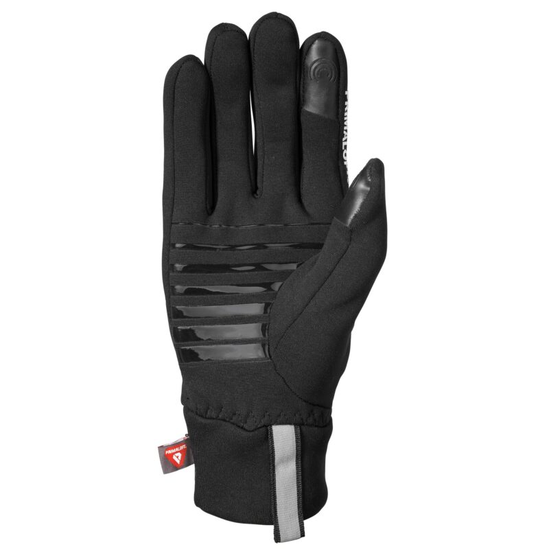 Sticky-Primaloft-Glove-Palm-300dpi-1.jpg Black insulated glove shown palm-up with horizontal glossy grip strips across the palm, touchscreen-friendly reinforced tips on thumb and index finger, a reflective cuff tab and small red brand tag.