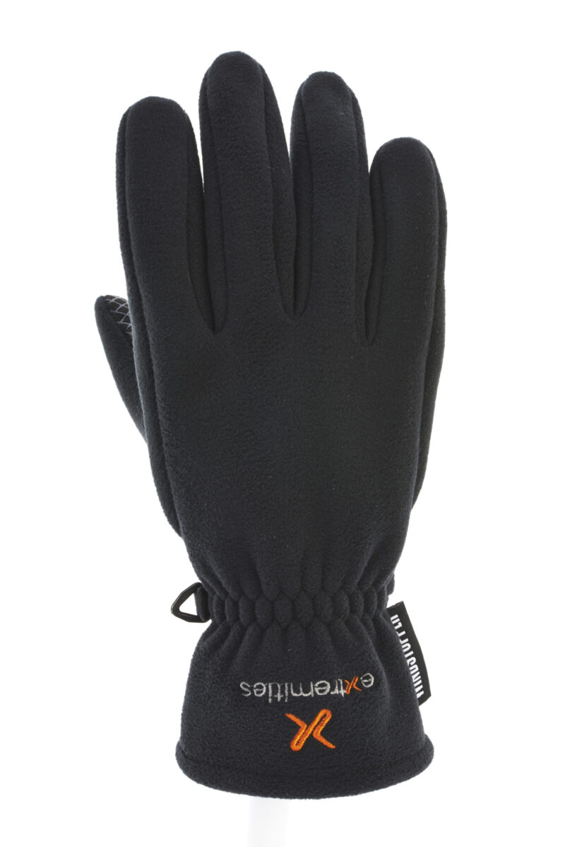 Sticky-Windy-gloveTerra-Nova-21-09-1612089-scaled-2.jpg Single black fleece winter glove laid flat on a white background, with gathered elastic at the wrist and a small orange embroidered X logo near the cuff