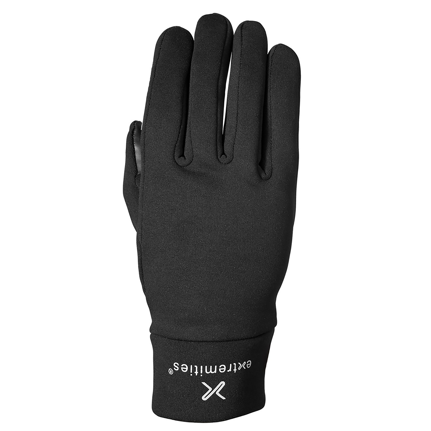 Sticky-X-Therm-Glove-Back_1500px_72dpi-3.png Black winter glove lying flat with fingers together, smooth fabric back and ribbed wrist cuff printed with the word extremities and a stylised X logo.