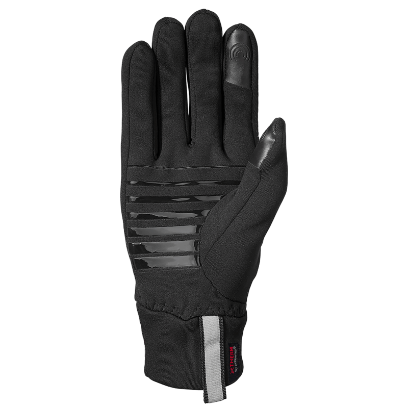 Black glove shown palm-up with glossy horizontal grip strips across the palm, touchscreen-compatible coated tips on the thumb and index finger, and a reflective vertical stripe on the cuff.