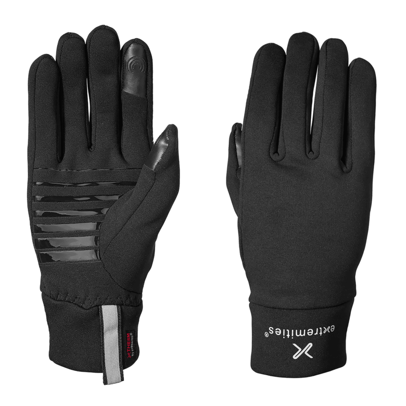 Pair of black insulated gloves shown palm and back view, featuring silicone grip stripes on the palm, touchscreen-compatible thumb and index finger tips, and a reflective wrist tab with brand logo on the cuff.