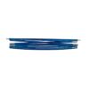 Several metallic blue segmented aluminium tent poles with silver end connectors arranged horizontally on a white background.
