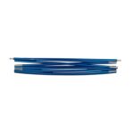 Several metallic blue segmented aluminium tent poles with silver end connectors arranged horizontally on a white background.