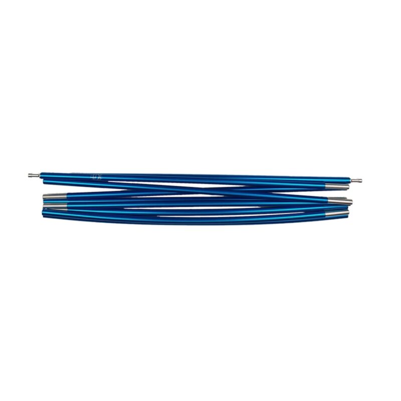 Super-Quasar-Blue-Pole-3.jpg Several metallic blue segmented aluminium tent poles with silver end connectors arranged horizontally on a white background.