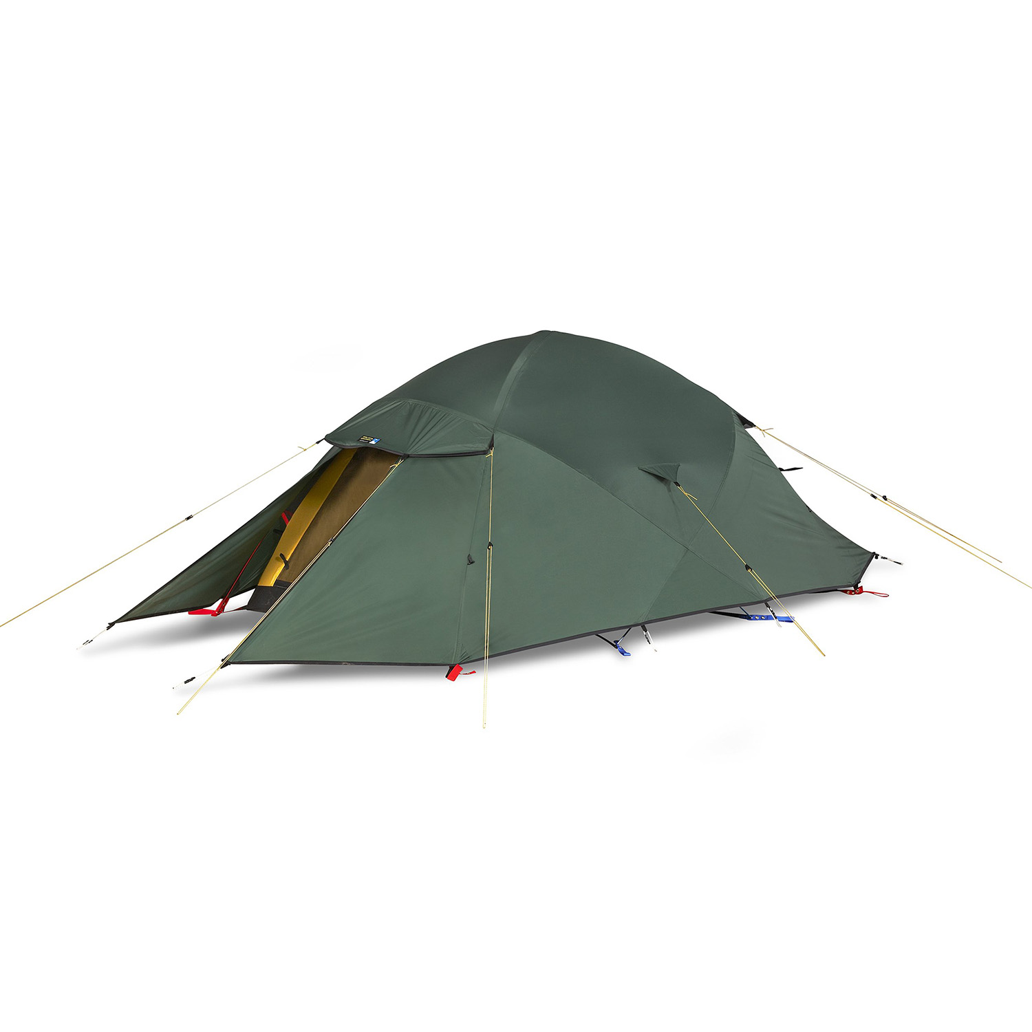 Super-Quasar-Green_1500px_72dpi-3.jpg Olive-green dome tent with full rainfly and a partially opened yellow inner door, secured by multiple yellow guy lines and red and blue tensioners on a plain white background.