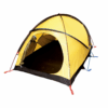 Super-Quasar-Inner-3.png Yellow dome camping tent with a circular front doorway open to a dark interior and black groundsheet, supported by crossed poles and red and blue pegged straps on a white background.