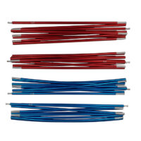Four bundles of metallic tent pole sections—two red bundles at the top and two blue bundles at the bottom—each made of slender aluminium rods with silver connector ends, arranged on a white background.