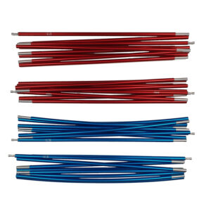 Super-Quasar-Pole-set-WEB-3.jpg Four bundles of metallic tent pole sections—two red bundles at the top and two blue bundles at the bottom—each made of slender aluminium rods with silver connector ends, arranged on a white background.