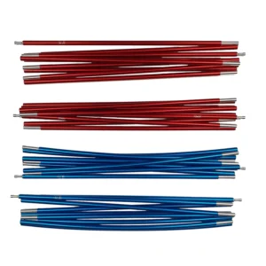 Four bundles of metallic tent pole sections—two red bundles at the top and two blue bundles at the bottom—each made of slender aluminium rods with silver connector ends, arranged on a white background.