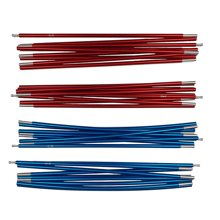 Super-Quasar-Pole-set-WEB-3.jpg Four bundles of metallic tent pole sections—two red bundles at the top and two blue bundles at the bottom—each made of slender aluminium rods with silver connector ends, arranged on a white background.