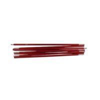 Several red anodised metal tent pole sections with silver connector ends stacked horizontally on a white background.