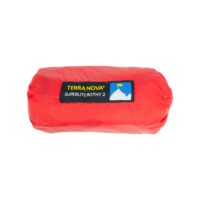 Red packed stuff sack with a black label reading TERRA NOVA SUPERLITE BOTHY 2 and a small blue-and-white mountain logo.