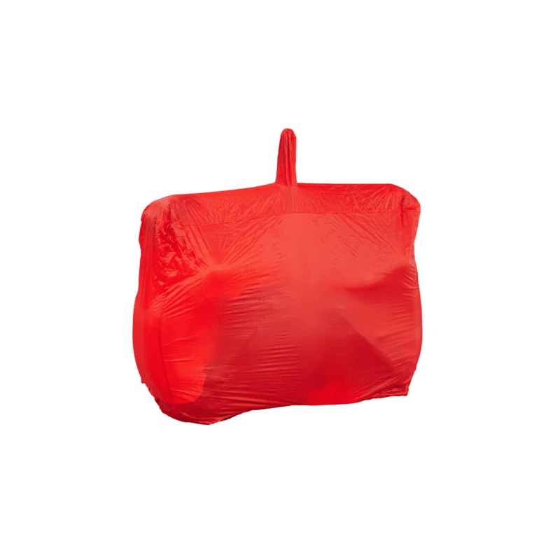 Bright red stretch cover tightly wrapped around a rectangular object with a small vertical loop at the top, shown against a plain white background.