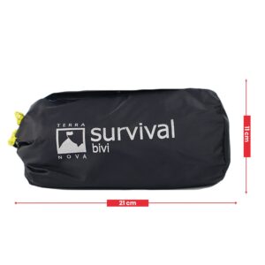 Compact black cylindrical stuff sack labelled "Terra Nova survival bivi" with a yellow drawcord, shown with red arrows indicating 21 cm length and 11 cm height.