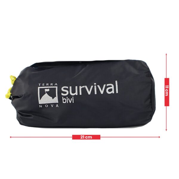 Survival-Bivi-1500-x-1500-3.jpg Compact black cylindrical stuff sack labelled "Terra Nova survival bivi" with a yellow drawcord, shown with red arrows indicating 21 cm length and 11 cm height.