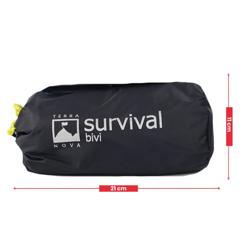 Survival-Bivi-1500-x-1500-3.jpg Compact black cylindrical stuff sack labelled "Terra Nova survival bivi" with a yellow drawcord, shown with red arrows indicating 21 cm length and 11 cm height.
