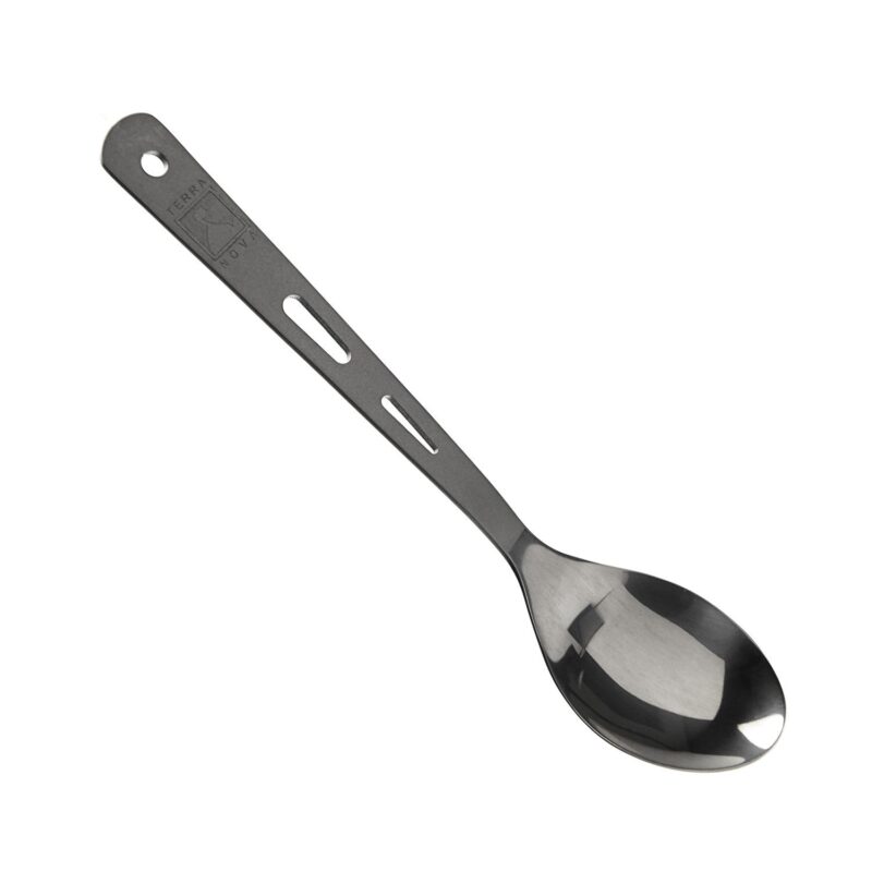 TN-Branded-Spoon-Diagonal-1500x1500px-1.jpg Dark grey stainless-steel spoon with a long slim handle featuring two elongated slots and a hanging hole, and a polished reflective bowl on a white background