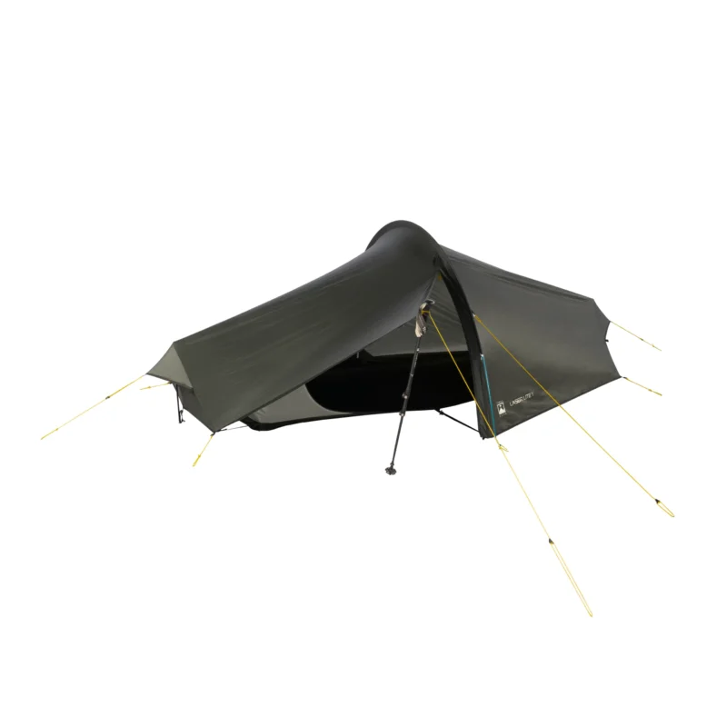 Low-profile olive-green single-person backpacking tent in a tunnel shape supported by a central trekking pole, with yellow guy lines and a partially open entrance revealing a black inner sleeping area.