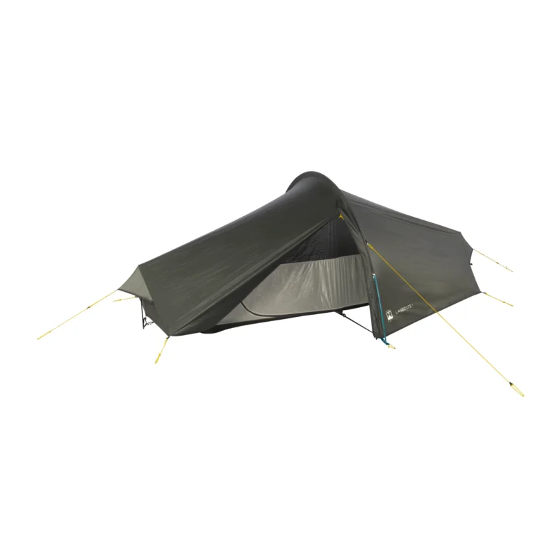 Low-profile olive-green single-person tunnel tent with a partially open rainfly revealing a grey mesh inner and groundsheet, secured with yellow guy‑lines and stakes.