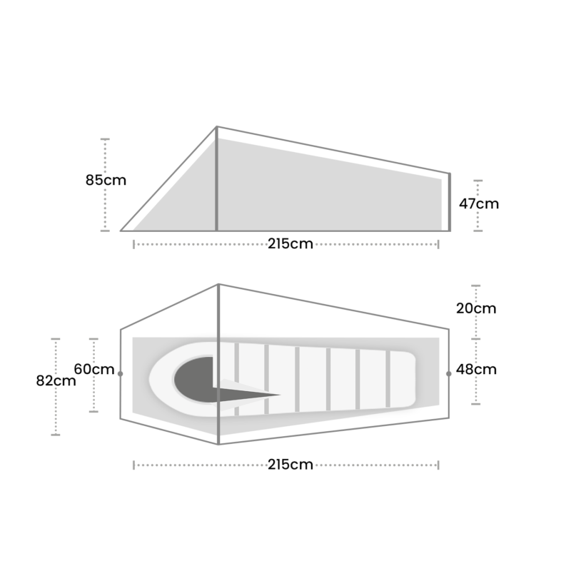 Side and top schematic of a tapered sleeping pod showing a 215 cm length, side heights of 85 cm at the high end and 47 cm at the low end, and internal clearances around 82 cm by 60 cm at the head and 48 cm by 20 cm at the foot.