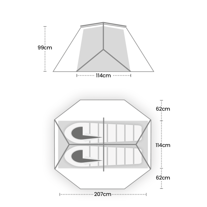 TN-Northern-Lite-2-UPDATE-1.png Side and top schematic of a two-person tent showing a 99 cm peak height and 114 cm inner width in elevation, and an octagonal top view with two sleeping mats inside a 207 cm overall diameter, a 114 cm central sleeping area and 62 cm side sections.