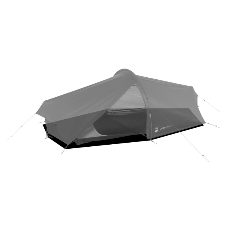 TN_Laser_Lite2_FP-scaled-4.jpg Low-profile two-person backpacking tent with a partially open front door showing the inner mesh sleeping area, taut rainfly and multiple guy lines anchored to the ground.