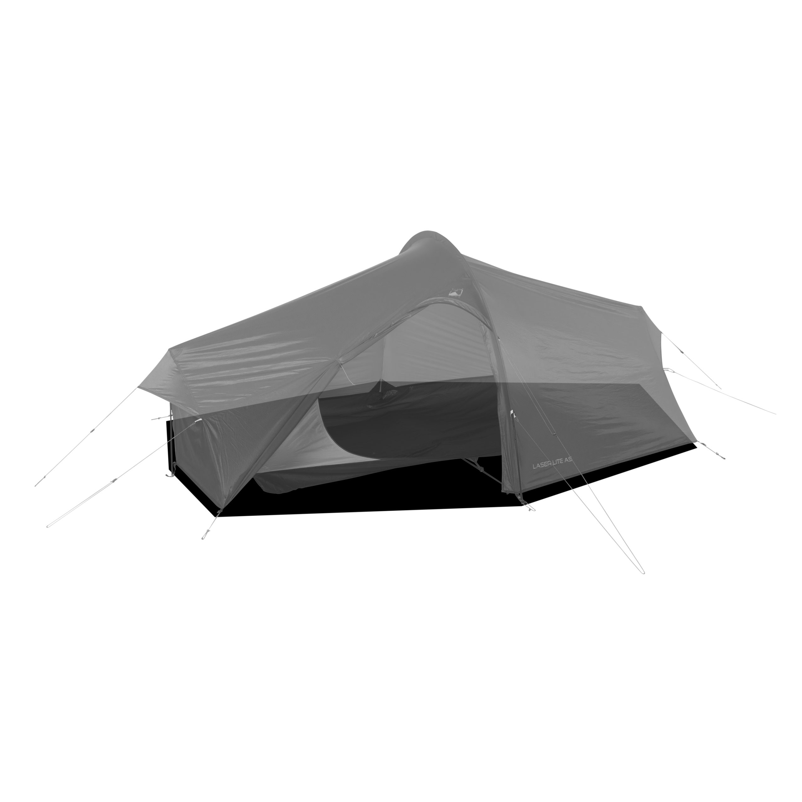 TN_Laser_LiteAS_FP-scaled-4.jpg Lightweight two-person tunnel-style camping tent with a rainfly over a mesh inner, a partially open D-shaped door and multiple guylines staked out on a black groundsheet.