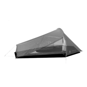 TN_Laser_Pulse_FP-scaled-4.jpg Low-profile single-person trekking tent seen from the side, with a tapered triangular flysheet stretched over a mesh inner body and staked guylines, showing the dark sleeping area and integrated floor.