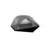 Two-person dome camping tent with an open mesh inner door and outer rainfly, staked out with guylines and shown on a black groundsheet against a white background.