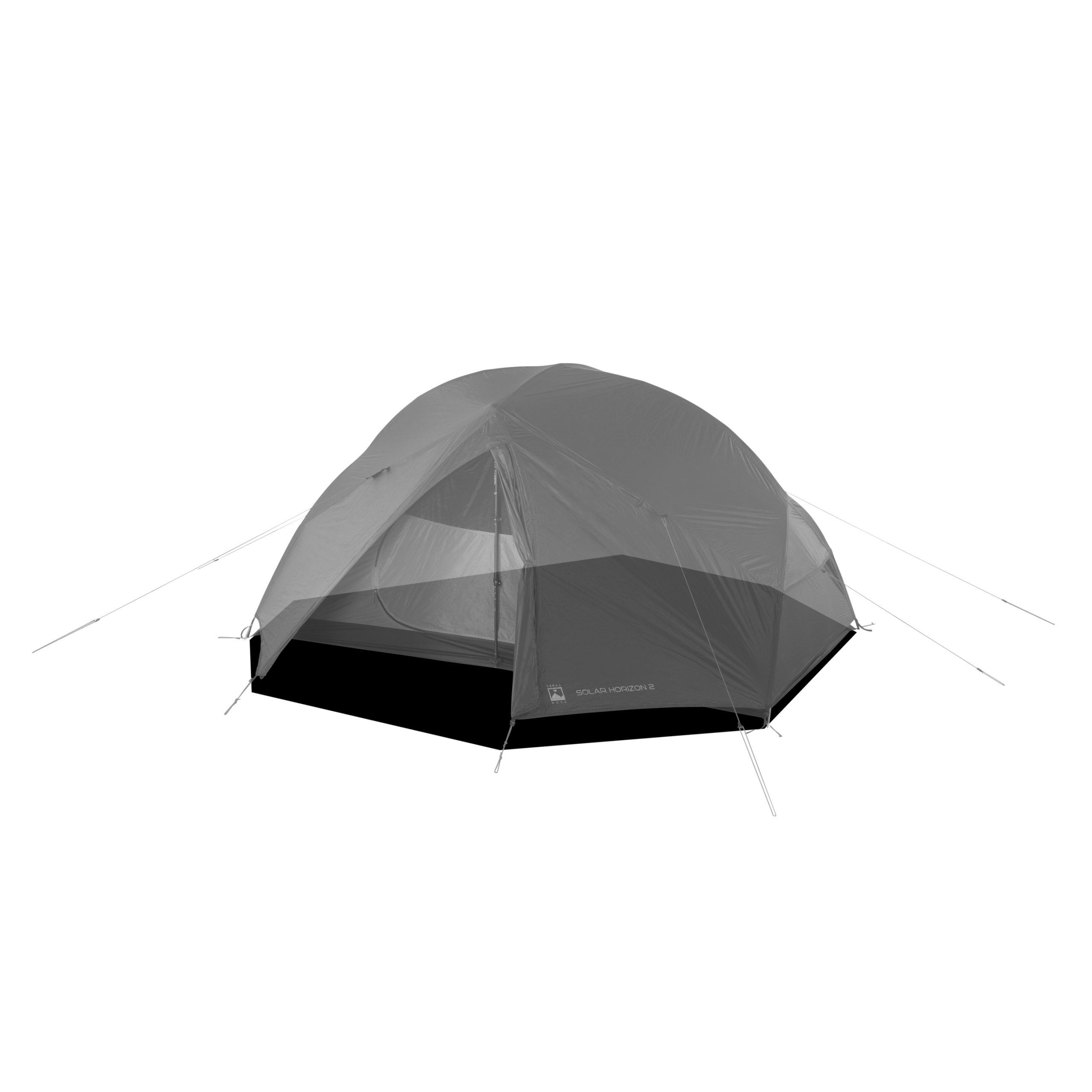 TN_Solar_Horizon2_FP-scaled-4.jpg Two-person dome camping tent with rainfly and tensioned guy lines, front door partially open and set against a plain white background.