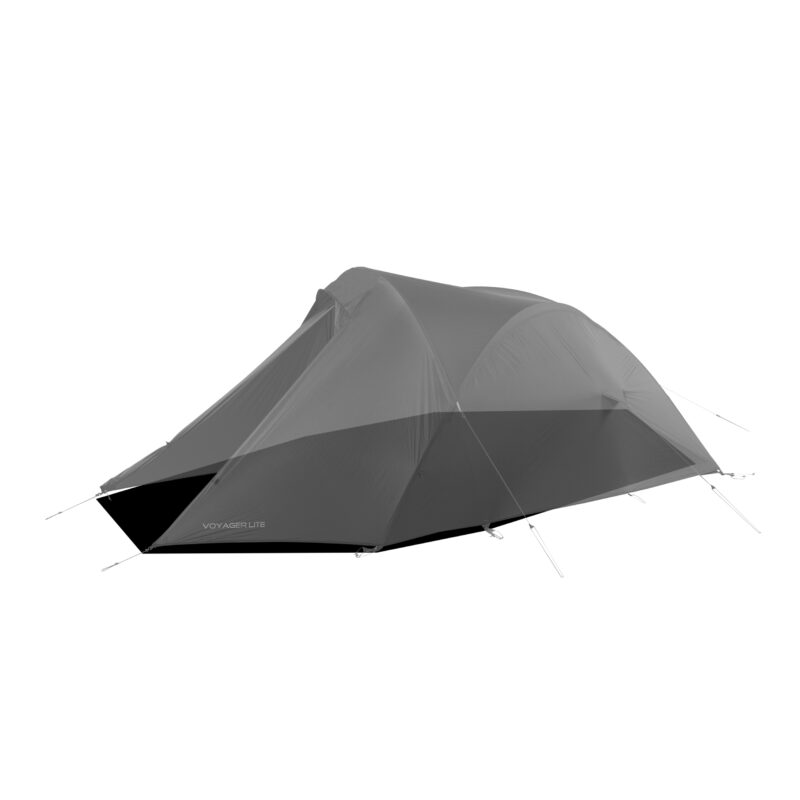TN_Voyager_Light_FP-3.jpg Grey dome tent with full rainfly and extended front vestibule labelled VOYAGER LITE, staked out with guy lines on a white background.