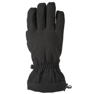 Black insulated five-finger winter glove shown from the back with stitched fingertips, elasticated wrist and a small wrist clip.