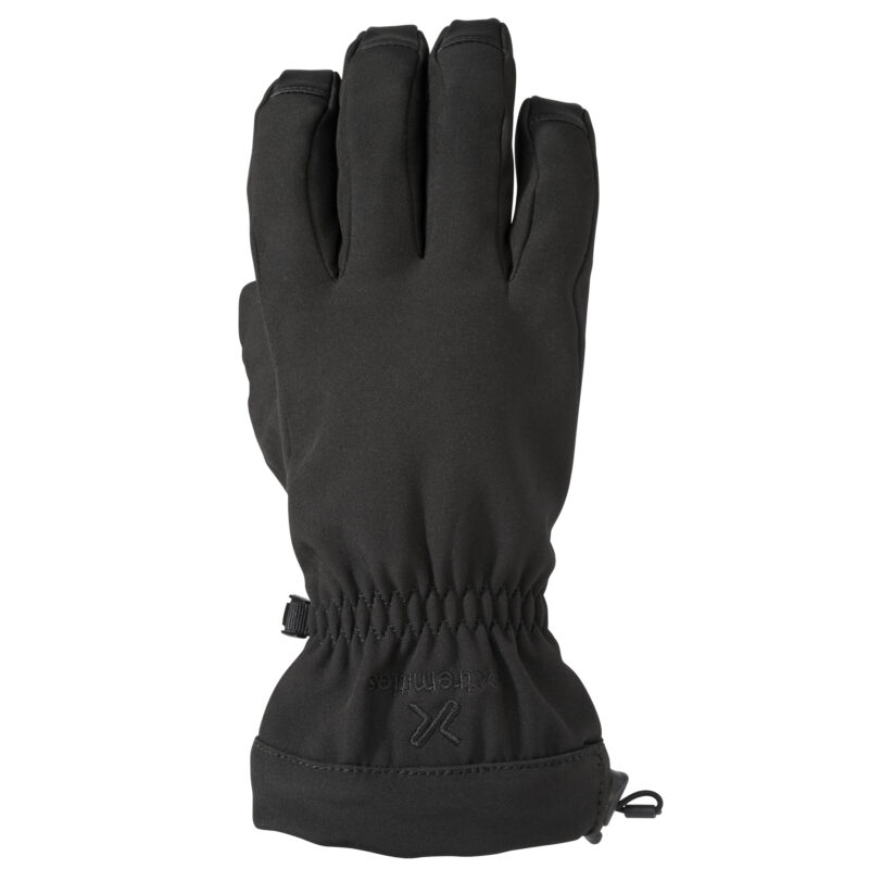 Tactical-Goretex-Glove-Back-3.jpg Black insulated five-finger winter glove shown from the back with stitched fingertips, elasticated wrist and a small wrist clip.