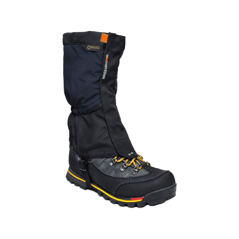 Tay-Ankle-Gaiters_1500px_300dpi-3.png Black waterproof mountaineering boot with attached tall gaiter, yellow laces and yellow stripe on a rugged black sole, featuring a Gore‑Tex tag and 'extremities' logo on the gaiter.