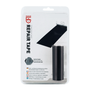 Black nylon repair tape roll in clear blister packaging with white backing labelled 'REPAIR TAPE' and red Gear Aid logo, showing an illustration of a peeled strip of tape.