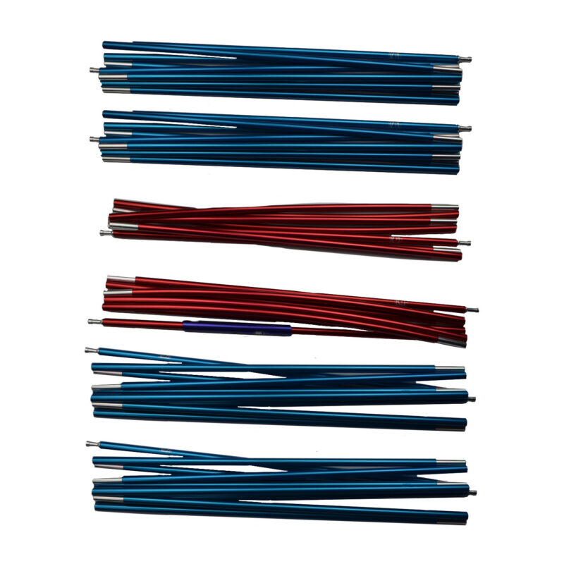 Multiple folded aluminium tent poles in red and blue with silver end ferrules, arranged in horizontal stacked groups on a white background