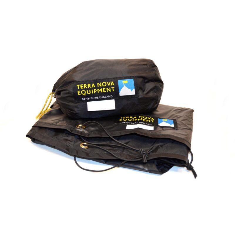 Terra-Nova-Footprint-and-Bag-all-Models-3000px-96dpi-scaled-4.jpg Black Terra Nova Equipment stuff sack and folded groundsheet made from waterproof fabric, the sack labelled "Terra Nova Equipment Derbyshire England" with a blue mountain logo and yellow drawcord, and the groundsheet showing brass grommets and black guy cords.