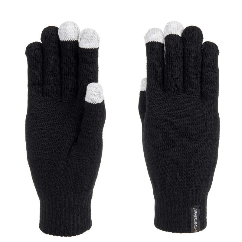 Thinny-Touch-Glove-Back-and-Palm-Black-3.png Pair of black knitted gloves with light grey touchscreen-ready tips on the thumb, index and middle fingertips, shown flat side-by-side on a white background.