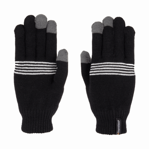 Thinny-Touch-Glove-Reflective-Back-and-Palm_3000px_300dpi-1.png Pair of black knitted gloves laid flat side by side, with grey touchscreen tips on the thumbs and fingers, white horizontal stripes across the back of each hand and ribbed cuffs with a small brand tag.