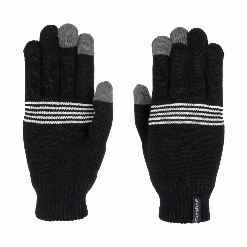 Thinny-Touch-Glove-Reflective-Back-and-Palm_3000px_300dpi-1.png Pair of black knitted gloves laid flat side by side, with grey touchscreen tips on the thumbs and fingers, white horizontal stripes across the back of each hand and ribbed cuffs with a small brand tag.