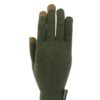 ThinnyTouchGlove_BKGREEN-scaled-4.jpg Olive-green knitted glove with tan-brown contrasting touchscreen tips on the thumb and two fingers, a ribbed cuff and a small black brand tag at the wrist