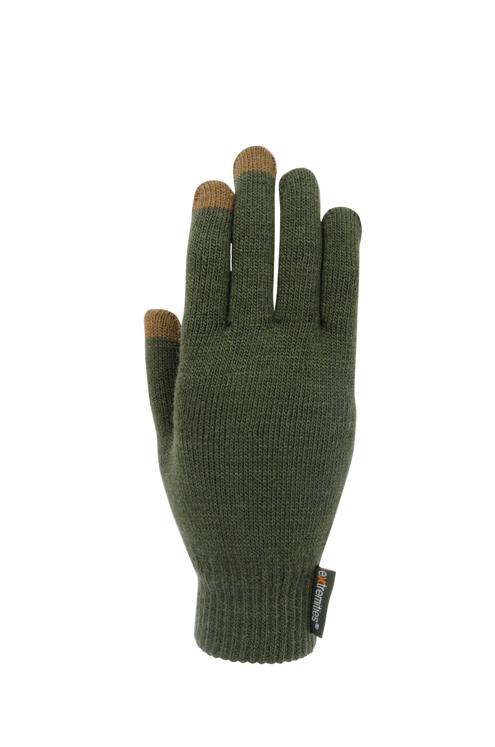 Olive-green knitted glove with tan-brown contrasting touchscreen tips on the thumb and two fingers, a ribbed cuff and a small black brand tag at the wrist