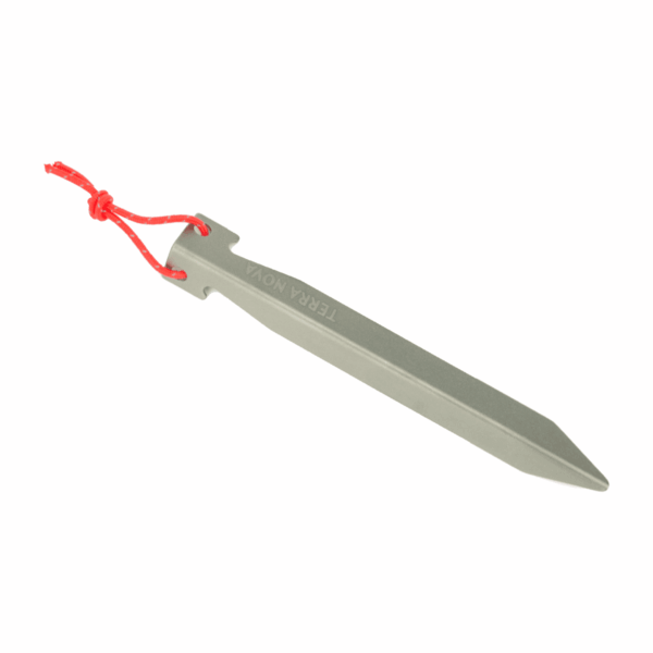 Long silver metal tent stake with a tapered point and notched head engraved TERRA NOVA, threaded with a short knotted red cord loop, on a white background.