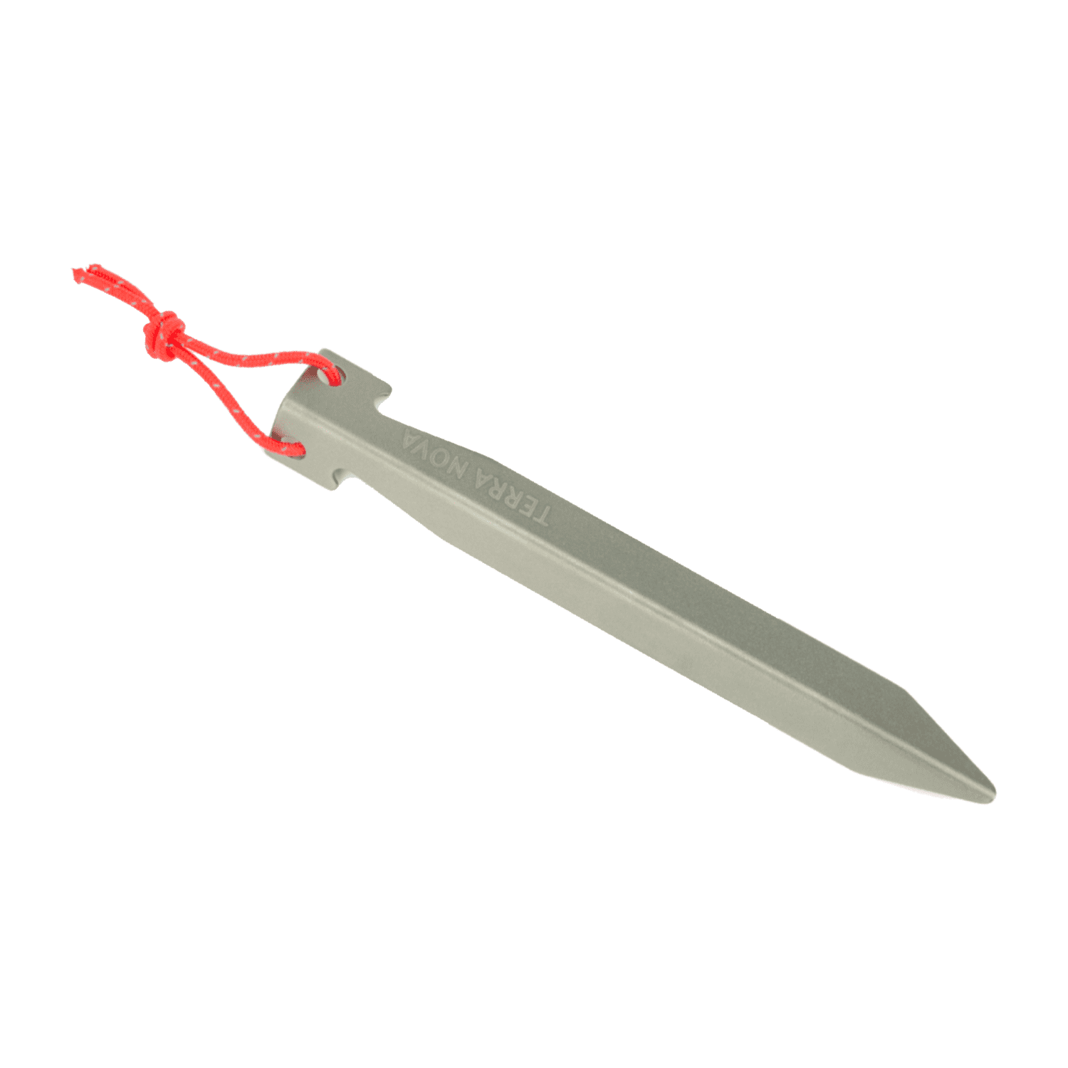 Long silver metal tent stake with a tapered point and notched head engraved TERRA NOVA, threaded with a short knotted red cord loop, on a white background.