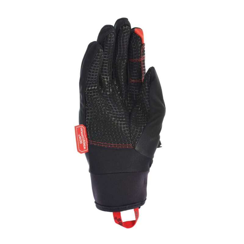 Tor-gloveTerra-Nova-21-09-1612117-1.jpg Black insulated glove shown palm-up with a textured grid grip on the palm, red stitching and fingertip patch, and a red pull loop and tag at the cuff