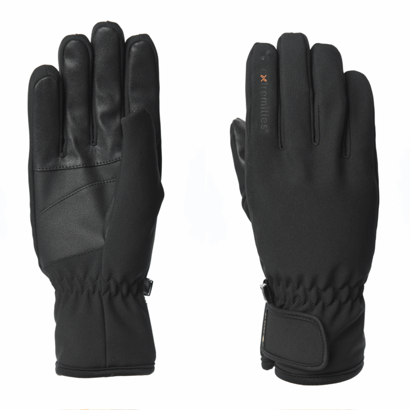 Tornado-Glove-Back-and-Palm-3.png Pair of black winter gloves — left glove palm-side showing textured synthetic-leather palm panels and stitched reinforcements, right glove back-side showing smooth fabric with small logo, elasticated wrists and a Velcro-adjustable cuff.