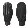 Torrent-Mitts-Back-and-Palm-3.png Pair of black waterproof mittens shown side-by-side, left mitten palm-facing with three molded rubber grip ridges and a small XDRY fabric pull tab at the wrist, right mitten back-facing with a vertical extremities logo and orange 'x' detail.